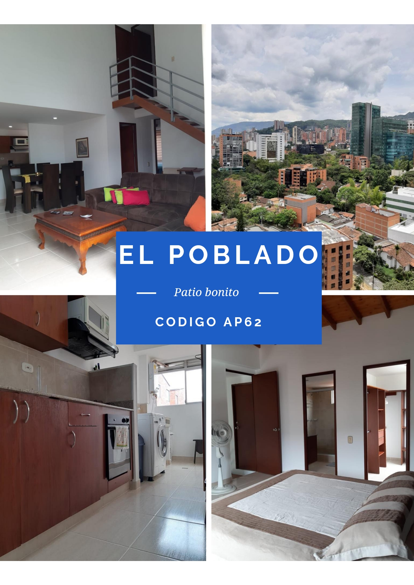 AP62 Medellin, Patio bonito, tres habitaciones, apartamento amoblado en arriendo